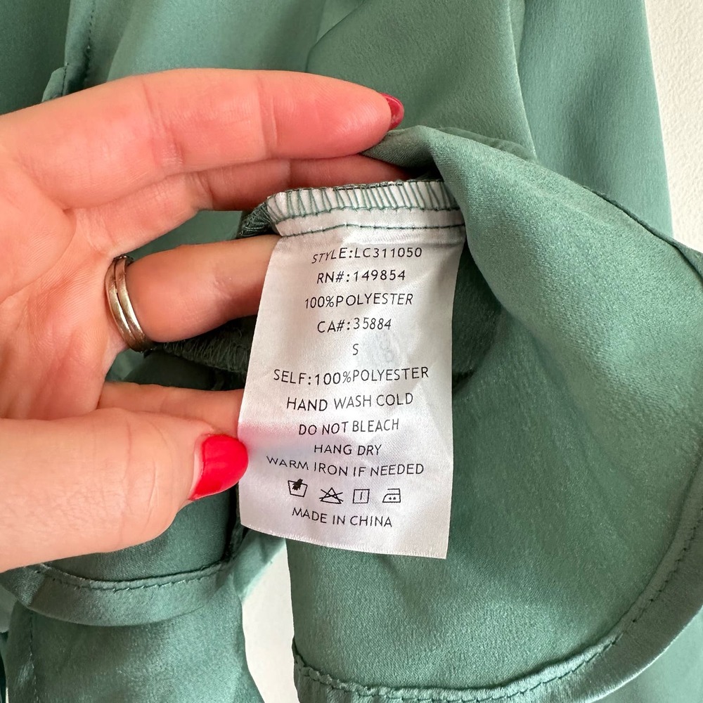 SAGE The Label Tie-Front Balloon Sleeve Ruffle Trim Blouse Green S - Picture 7 of 8